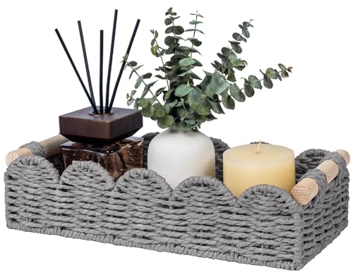 CubesLand Toilet Paper Storage Basket Organizer, Small Wicker Toilet Tank Top Decorative Baskets for Countertop, Handwoven Scalloped Basket w/handle for Home Decor, Living Room, Bedroom, Grey - color: Grey, size: s - 12.99 X 6.3 X 3.15in