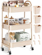 Beige 3 Tier Rolling Cart Metal on Wheels, Three Tiered Storage Organizer Utility Trolley with Wheels for Art, Craft, Baby Diaper Caddy, Snack, Book, Nail, Lash, Cleaning Supplies, Kitchen, Bathroom - color: Light Beige