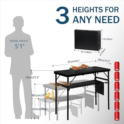 LOFTEY Folding Camping Table with 3 Adjustable Height, 3ft Foldable Aluminum Camp Table, Lightweight with Storage Bag, Portable for Outdoor, BBQ, Hiking, 34.2" x 15.7" x 27.5", Black