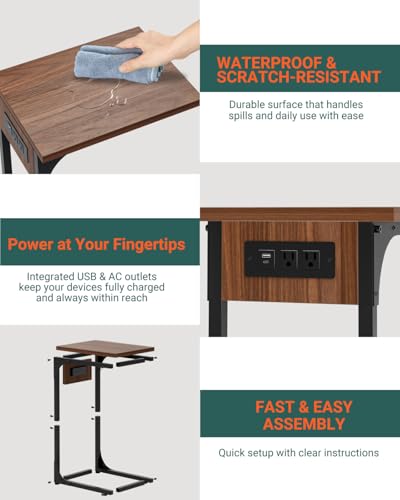 C-Shaped Side Table for Couch - Small Coffee Stand Sofa Tray Desk with Metal Frame Waterproof Scratch Resistant Wood Top and Built-in Charging Station, Rustic Walnut - color: Rustic Walnut, size: 1-Pack, style: Includes Power Outlets