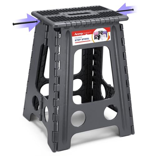 ACSTEP 17.5 Inch Folding Step Stool for Adults and Kids, Non-Slip Plastic Foldable Stepping Stool, Collapsible Folding Stool with Handle Holds Up to 400lbs for Kitchen, Dot Grey (1 Pack) - color: Dot Gray, size: 17.5 Inch( Pack of 1)