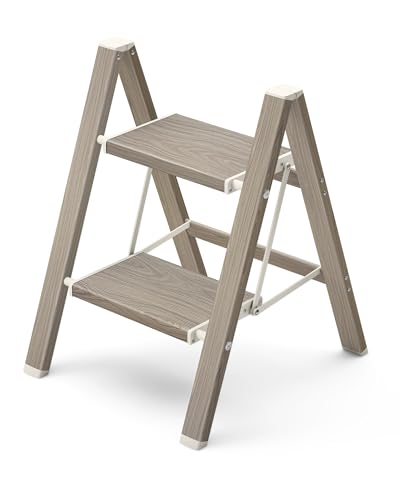 Mayi Plus 2 Step Ladder,Aluminum Folding Step Stool for Adults,Step Ladder with Wide Anti-Slip Pedal,330 lbs Capacity for Home,Kitchen,Library,Office,(Fir Woodgrain) - color: Fir Woodgrain, size: 2 Step