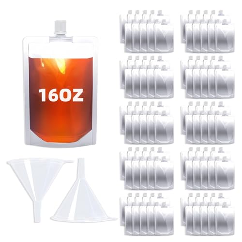 16OZ 100PCS Plastic Flasks,Reusable Drink Pouches with Funnel,Spouted Drinking Bags for Liquid Juice,Leak-Proof Food Grade for Travel Outdoor Sports Concert Cruise Events - color: 16OZ 100PCS +2 Funnel
