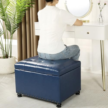 Joveco Faux Leather Storage Ottoman Bench Rectangle 24 Inch Foot Rest Ottomans - color: Blue Faux Leather