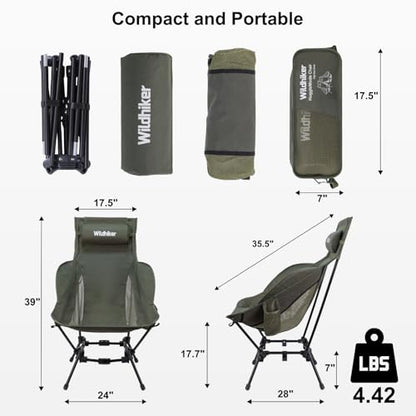 Wildhiker Compact High Back Camping Chair - Foldable with Dual Sitting Modes, Pillow, Arm Pads and Side Pockets - Lightweight Portable Chair for Motorcycle, RV, Festival, Travel - Green - color: Green