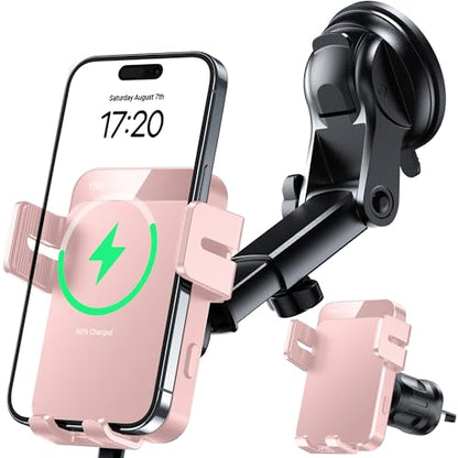 MOKPR Wireless Car Charger, 15W Auto Clamping Car Charger Dash Windshield Air Vent Phone Holder Compatible with iPhone 16 15 14/13/13 Pro/12 pro/12/11/X/8, Samsung S24/S23/S22, Pink - color: Pink