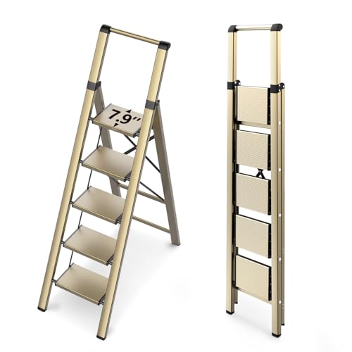 WOA WOA 5 Step Ladder for 10 Feet High Ceiling, Lightweight Foldable Ladder with Non-Slip Wide Pedals, Step Stool with Safe Handrail, Space Saving for Home, Kitchen, Indoor & Outdoor 300lbs - Gold - color: Brown Gold, size: 5 Step