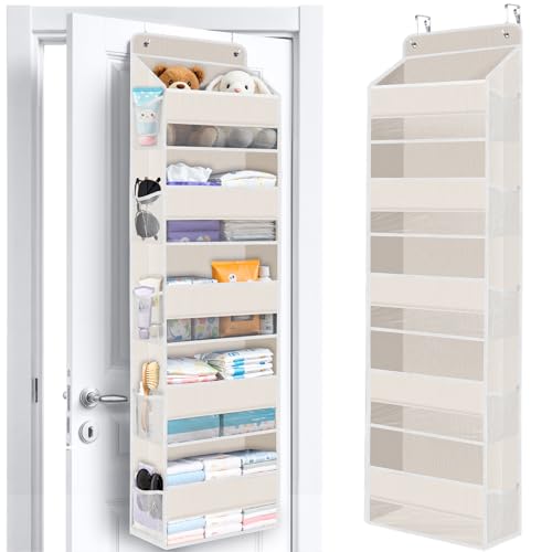 WISELIFE Over the Door Organizer Storage with 5 Large Pockets, Door Hanging Organizer with Clear Windows, Behind the Door Storage for Nursery Bedroom Bathroom Pantry Closet and Baby Essentials, Beige - color: Beige, size: 5-Tier