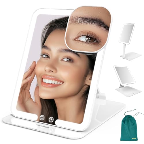 Mocado Travel Makeup Mirror with Light - 7x5 Inches Tripple Folding Travel Mirror with Light, 3 Colors Lighted Makeup Mirror, Portable Makeup Mirror, Freely Adjust Height and Angle(White) - color: White, size: 7.5"L x 5"W