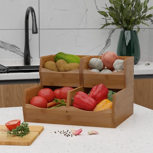 3 Set Bamboo Pantry Organizers and Storage, Open Front Vegetable Fruit Seasonings Stackable Storage Bins, Compact Stacking Storage Bins for Pantry, Bedroom, Office, Kitchen Counter Organizer (Walnut)