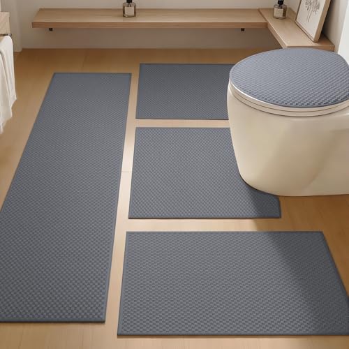 YIHOUSE Bathroom Rugs Sets 5 Piece Non Slip Washable, Absorbent Quick Dry Bath Mat Set with Toilet Mat, Weave Texture Low Profile Bath Rugs, Floor Mats for Bathroom, Tub & Shower, Light Grey - color: Light Grey, size: 5 Pieces