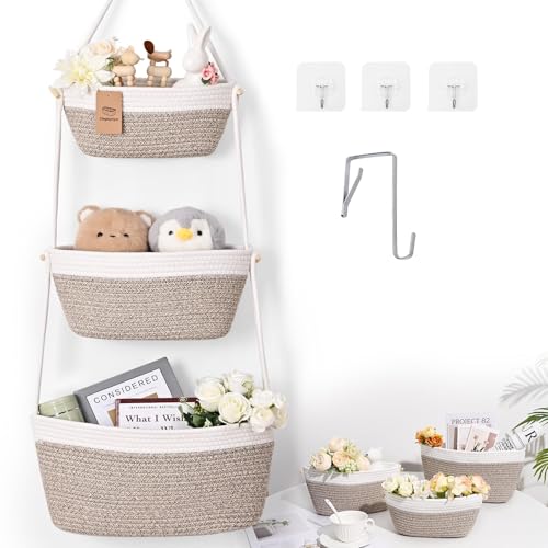 Hanging Basket, 3-Tier Woven Wall Basket with 4 Hooks, Cotton Rope Storage Baskets, Over the Door Organizer for Nursery, Bedroom, Cottage and Boho Wall Decor - color: Oatmeal, size: Classic