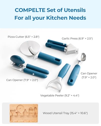 OOU Kitchen Gadget Set, 5 Piece Premium Zinc Alloy Kitchen Tools with Ergonomic TPE Handles – Includes Can Opener, Pizza Cutter, Garlic Press, Ice Cream Scoop, Peeler, and Wooden Storage Tray