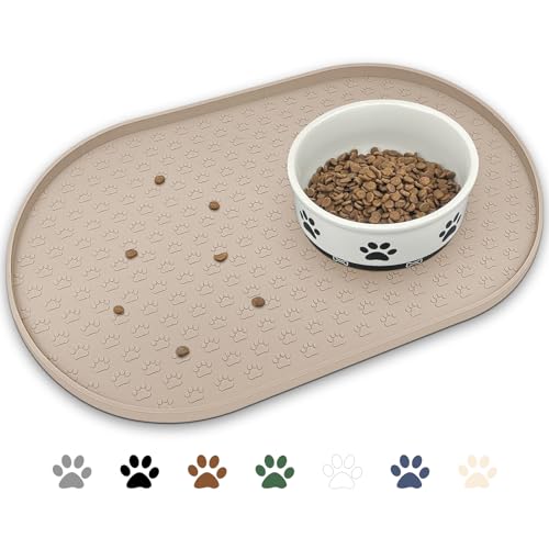 KPWACD Dog Food Mat Anti-Slip Bowl Mats for Food and Water, High-Lips Waterproof Pet Placemat Prevent Messy Spills to Floor, Silicone Puppy Feeding Trays for Large Medium Small Dogs Cats - color: Taupe, size: 19"L x 12"W
