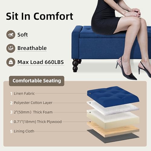 50" W Storage Ottoman Bench with Safety Hinge, Load up to 660 lb Ottoman with Storage, Upholstered Tufted Entryway Bench with Seating for Living Room, Bedroom, Entryway, Blue - color: Blue