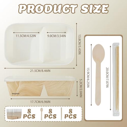 8 Pack 32oz Paper Lunch Box Bento Boxes, 2-Compartment Food Storage Containers with Lids, Leakproof Soak-Proof Microwave Safe, Disposable To Go Boxes for Picnic Office Catering, Transparent Lid - color: Transparent
