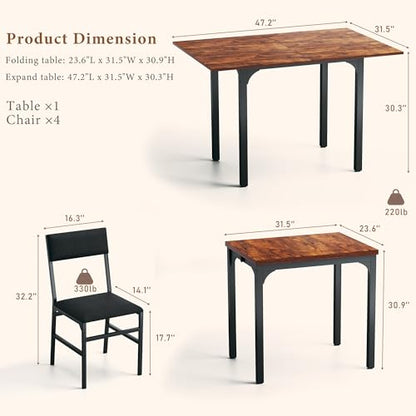 HUAHUU Dining Table Set for 4, Extendable Kitchen Table Cushion Chairs Set of 4, Rectangle Dining Table with Metal Frame & MDF Board, Folding for Small Apartment Saving Space, Rustic Brown - color: Rustic