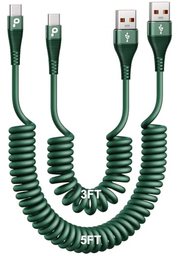 USB C Cable Fast Charging 60W 3FT/5FT, Coiled USB A to USB C Cable for Car, iPhone USB C Cable USB to Type C Charging for iPhone 17/16/15 Pro Max/Samsung Galaxy S20 S10 and More USB C Devices-Green - color: Green, size: 3FT/5FT, style: USB A to USB C