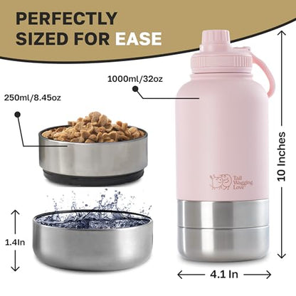 32oz 3-in-1 Travel Water Bottle for Dogs & Humans, Dual Use, Stainless Steel, Keeps Water Hot 6hrs/Cold 12hrs, Leak-Proof with Detachable Food & Water Bowls, Perfect for Travel