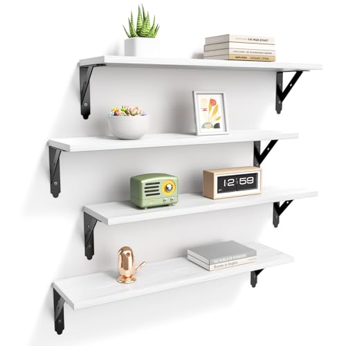 ROMGUAR CRAFT Wood Floating Shelves Set of 4, Rustic Storage Decor Wall Shelves, Wall Mounted Shelf for Living Room, Bedroom 23.6" x 6", White - color: White, size: 23.6" x 6"