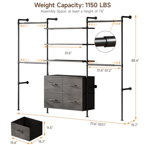 T3 Closet System with Stepless Dimmable LED Light, Industrial Pipe Clothing Rack with 4 Drawers, 6 Wooden Shelves & 4 Telescopic Rods, Heavy Duty Closet Organizers in Wardrobe Closet (Black Gray Oak) - color: Black Gray Oak