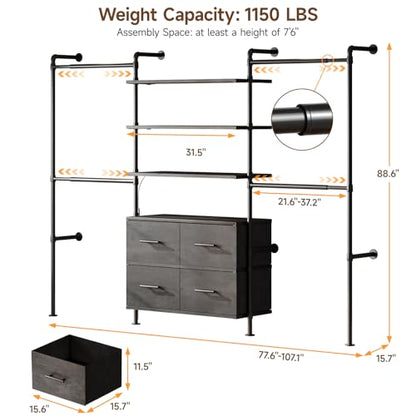 T3 Closet System with Stepless Dimmable LED Light, Industrial Pipe Clothing Rack with 4 Drawers, 6 Wooden Shelves & 4 Telescopic Rods, Heavy Duty Closet Organizers in Wardrobe Closet (Black Gray Oak) - color: Black Gray Oak
