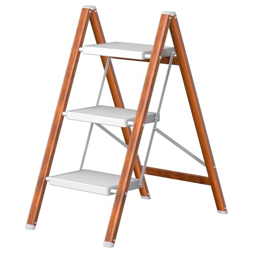 DIAMONDFORGE 3 Step Ladder, Lightweight Folding Step with Wide Anti-Slip Pedal & Feet, 330 lbs Capacity,Sturdy Steel Step Ladder for Home,Office and Library,Light Woodgrain - color: Light Woodgrain, size: 3 Step