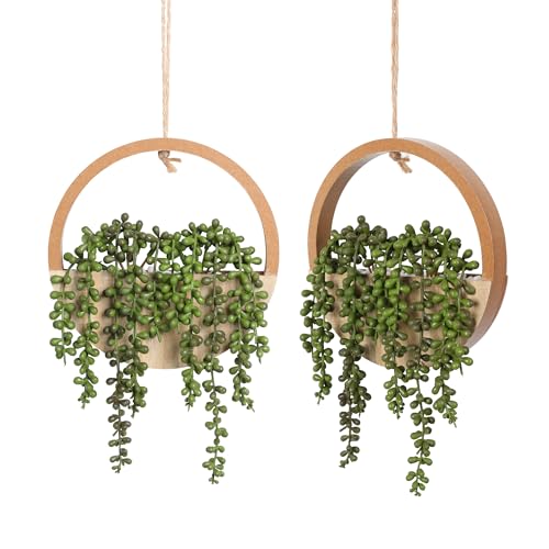 Floweroyal 2pcs Artificial Succulents Hanging Plants 20.1'' Fake String of Pearls in Pot with 9.4'' Lanyard for Indoor Outdoor Wall Decor（Wood Color） - color: Wood Color-large-2pcs