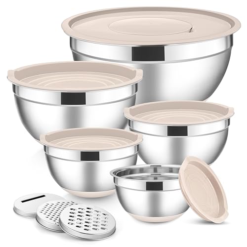 E-far Stainless Steel Mixing Bowls with Lids Set, 5-Piece Nesting Salad Bowls with 3 Grater Attachments and Non-Slip Bottoms, Size 4.6, 2.6, 2, 1.5, 1QT for Kitchen (Khaki) - color: Khaki, size: 5 Regular Sizes