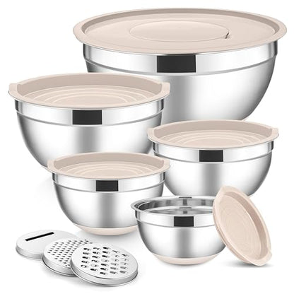 E-far Stainless Steel Mixing Bowls with Lids Set, 5-Piece Nesting Salad Bowls with 3 Grater Attachments and Non-Slip Bottoms, Size 4.6, 2.6, 2, 1.5, 1QT for Kitchen (Khaki) - color: Khaki, size: 5 Regular Sizes