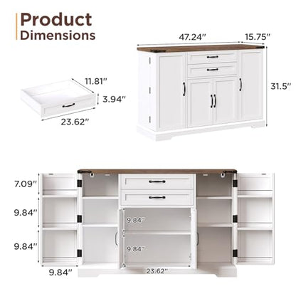 Vabches Sideboard Buffet Cabinet with 2 Drawers, Farmhouse Kitchen Pantry with Adjustable Shelves, Coffee Bar Cupboard Cabinet with 4 Doors for Kitchen & Dining Room