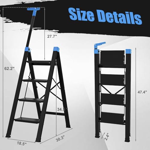 4 Step Ladder,Extendable Single-Handrail Lightweight Aluminum Step Ladder 4 Step Folding,600lbs Max Load Capacity for Household,Kitchen,Office (Blue) - color: Blue, size: 4 steps