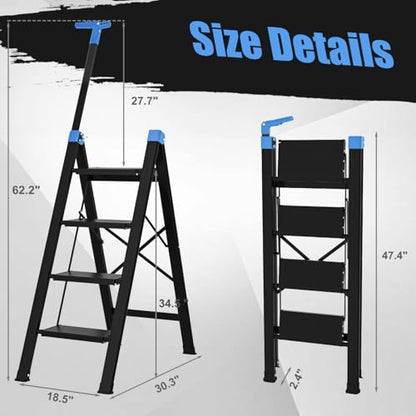 4 Step Ladder,Extendable Single-Handrail Lightweight Aluminum Step Ladder 4 Step Folding,600lbs Max Load Capacity for Household,Kitchen,Office (Blue) - color: Blue, size: 4 steps