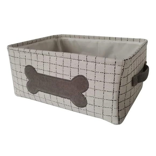 Pet Toy Storage Basket – Collapsible Fabric Bin for Dogs & Cats, Rectangular Pet Toy Box Organizer for Toys, Leashes, Blankets & Supplies (Ivory Grid with Corduroy Bone Patch, 17"x13") - color: Ivory Grid with Corduroy Bone Patch, size: 17"x13"