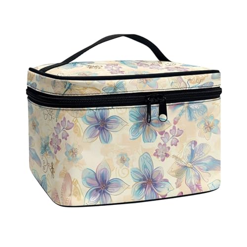 Cosmetic Bags Dragonfly Flower Printed Makeup Organizer Case for Women Ladies Multifunctional Toiletry Bursh Holder Purse Bathroom Receive Bag - color: Dragonfly Flower