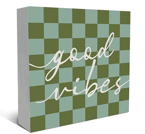 SRADMO Inspirational Wood Box Sign Desk Decor, Motivational Office Decor, Blue and Green Checkered Positive Theme Wooden Block Box Sign Decoration for Home Office Shelf Table Decorative Accessories - color: Checkered, size: 5″×5″