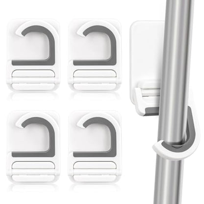 4 Pcs White Broom and Mop Holder Wall Mount Self-Adhesive Anti-Slip Gripper Cleaning Organizer Mop Handle Hanger Multi-Purpose Hook for Household, Home, Kitchen,Bathroom, Garden, Garage Storage