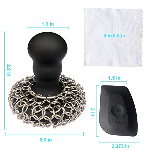 316 Upgraded Chainmail Scrubber with Silicone Handle Cast Iron Cleaner for Cast Iron Grill Pan Skillet Wok Bakeware Ergonomic to Hold Easy to Use Dishwasher Safe, Scrubber + Scraper + Towel (Black) - color: Black