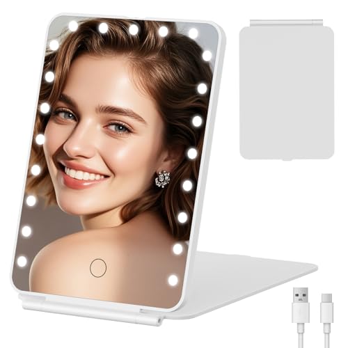 FUNTOUCH Rechargeable Travel Makeup Mirror with Light, 2000mAh Portable Makeup Mirror with Dimmable Touch Screen, Tabletop LED Folding Cosmetic Compact Vanity Mirror - color: White-d