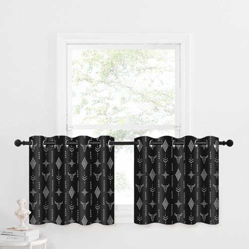 Aztec Western Blackout Small Window Curtains for RV Camper Kitchen, Tribal Bull Skull Boho Grommet Short Bedroom Cafe Curtain Native Ethnic Rustic Bathroom Privacy Drapes 2 Panels, 24x26in - color: Black, size: 24"W x 26"L (Pack of 2)