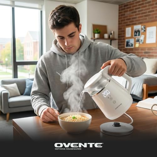 OVENTE 1L Small Electric Kettle with 5 Temperature Preset, Digital Display, 5Hr Keep Warm, Auto Shut-Off, Double-Wall Cool Touch Exterior, Borosilicate Glass,1500W BPA Free Water Boiler, White KD95W - color: White