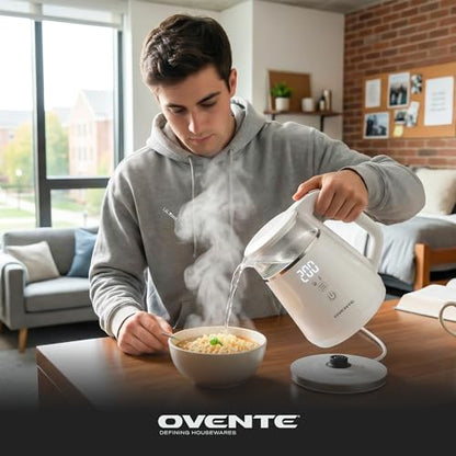OVENTE 1L Small Electric Kettle with 5 Temperature Preset, Digital Display, 5Hr Keep Warm, Auto Shut-Off, Double-Wall Cool Touch Exterior, Borosilicate Glass,1500W BPA Free Water Boiler, White KD95W - color: White