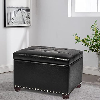 Leather Ottoman with Storage,24’’Foot Rest Ottomans with Hinged Lid Rectangle Upholstered Foot Stools Nailhead Trim for Living Room Bedroom,Black - color: Black