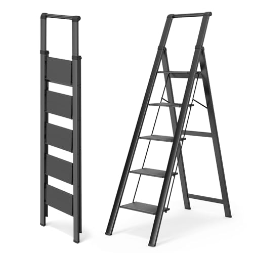 WOA WOA 5 Step Ladder, Ladders for Home, Anti-Slip Pedals, Step Stool Foldable, Lightweight to Move, Ease of Storage, Reach 10ft for Closet Kitchen Library, Hold 300lbs - Black - color: Black, size: 5 Step