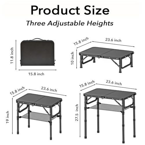 YihuiKo Small Folding Camping Table with Storage Net, 3 Adjustable Heights Foldable Table Lightweight & Portable with Carry Handle for Outdoor Indoor, Pure Black - size: 16"D x 24"W x 27.5"H, style: Pure Black