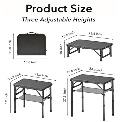 YihuiKo Small Folding Camping Table with Storage Net, 3 Adjustable Heights Foldable Table Lightweight & Portable with Carry Handle for Outdoor Indoor, Pure Black - size: 16"D x 24"W x 27.5"H, style: Pure Black