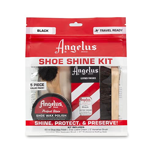 Angelus Shoe Shine Kit, Black- Boot and Shoe Polish Wax, Shoe Cream 3oz, Horsehair Brush, Dauber, and Cloth | 5 Piece Set, Gift Idea for Father's Day, Dad, Husband