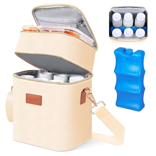 PIIOSER Breastmilk Cooler Bag with Ice Pack Fits 6 Baby Bottles Up to 9 Ounce, Insulated Baby Bottle Tote Bags, Double Layer Waterproof Leak-Proof with Shoulder Strap for Nursing & Working Mom (Cream) - color: Cream