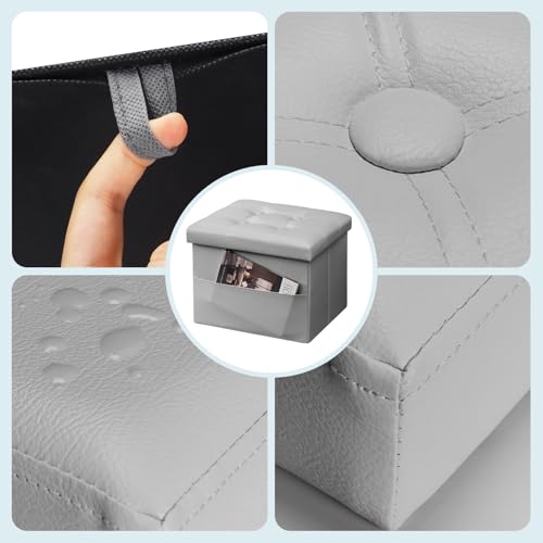 Bsketa Storage Ottoman Foot Rest Stool, Small Leather Storage Ottomans Bench, Folding Footstool with Side Pockets, Foot Rest Under Desk for Living Room Bedroom, 16x12x12 in, Grey - color: Grey-with Side Pockets..