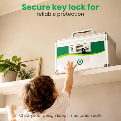 Medicine Lock Box with Keys, Small 10x6.9x6.9in, Aluminum Child-Safe Lock | Child-safe key lock, sturdy aluminum frame, anti-slip base, removable ABS tray, rust-proof handle, reinforced edges - size: Small-10inch